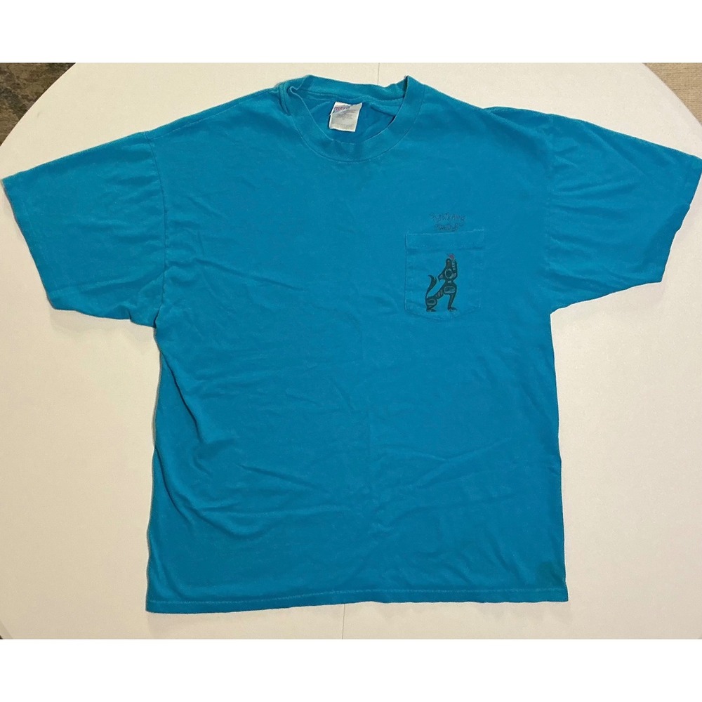 VTG Y2K Tribal Aztec Southwest Indigenous Eagle Wolf Pocket Tee Blue Mens XL - Picture 2 of 6